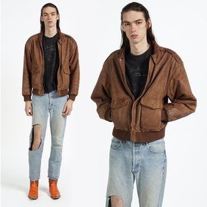 VINTAGE Brown Faded Leather Pockets Aviator Style Bomber Jacket